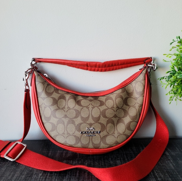 Coach Aria Signature Tan & Red Leather Shoulder Crossbody Bag #CR283 - Picture 4 of 11
